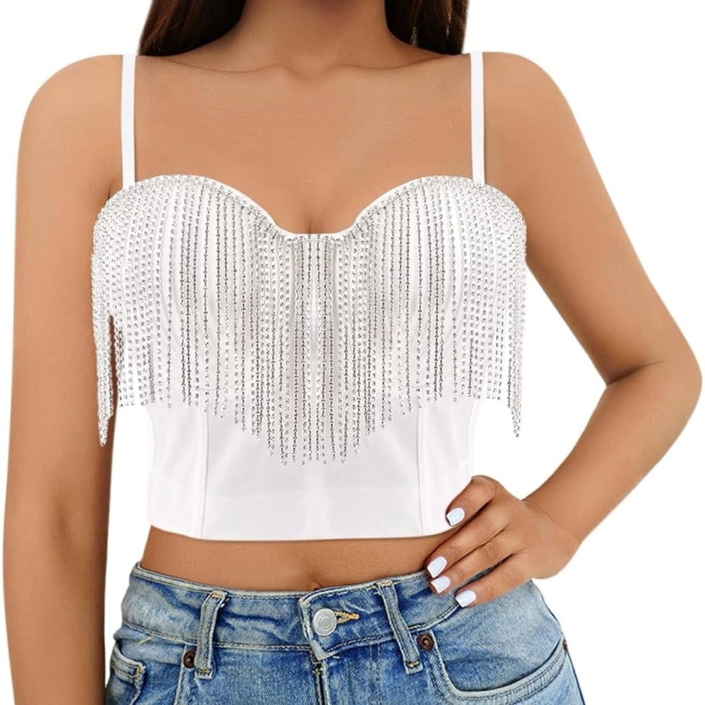 White Rhinestone Embellished Women's Top
